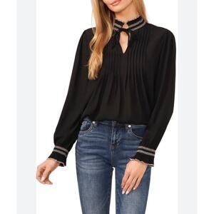 Women's CeCe Contrast Stitch Pintuck Black Dress Shirt Blouse Top Size Large